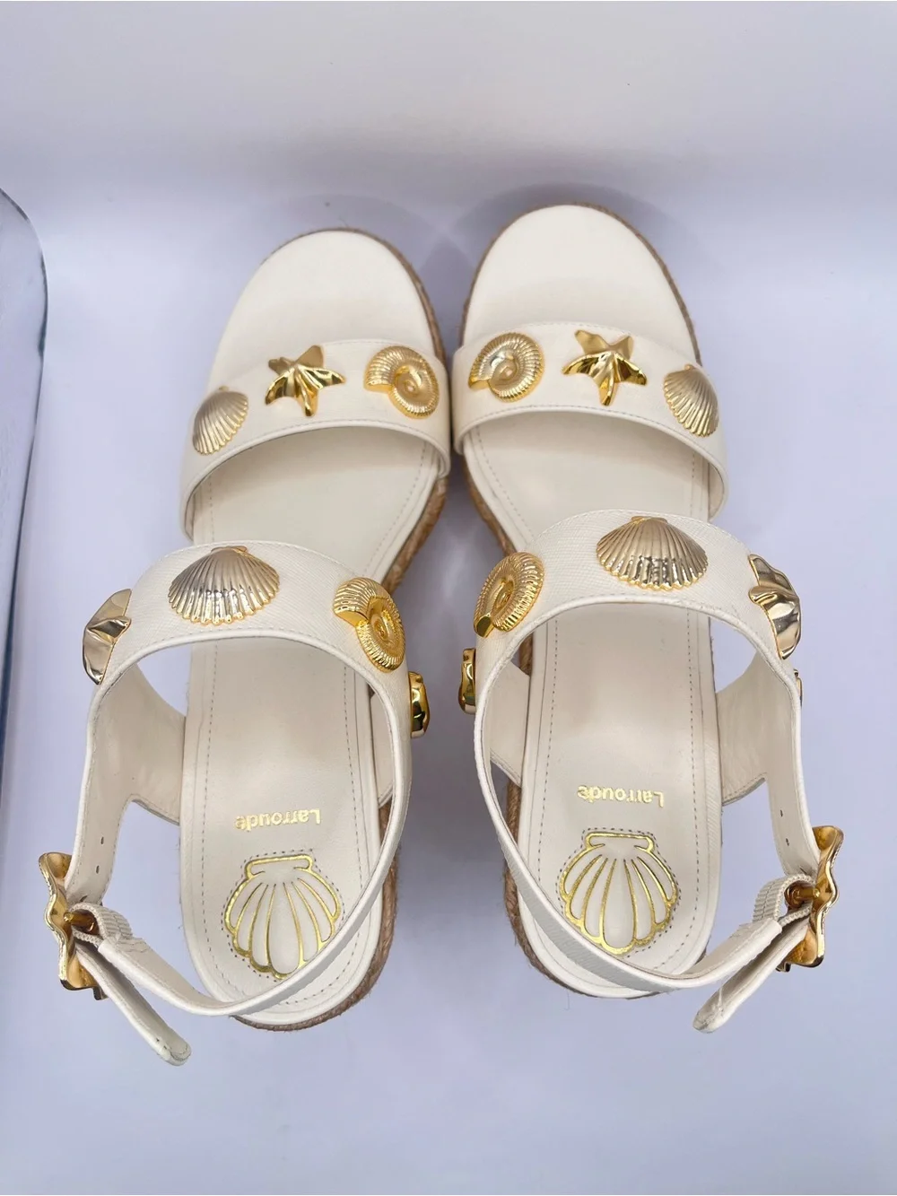 Larroude x Rosewood Madison New Espadrille Women's 8 Cream Wedge Sandals-Shells